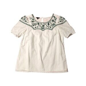 Talbots Top White Voile Green Floral Embroidery Jewel Neck Lined Womens Size XS